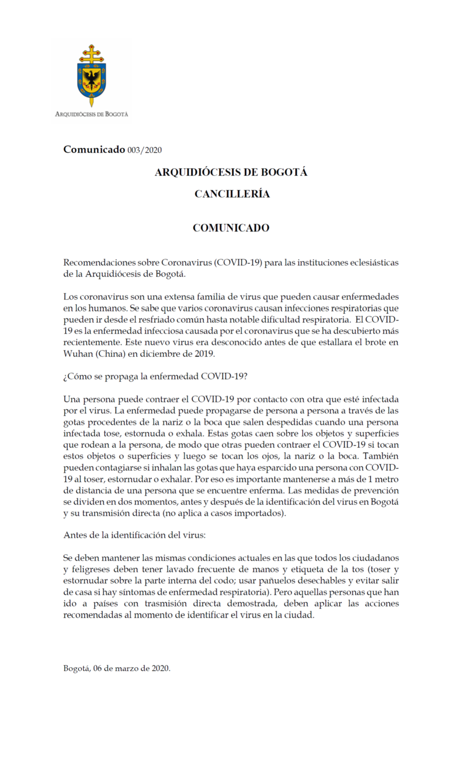 Recomendaciones sobre Coronavirus (COVID-19) para las instituciones eclesiásticas de la arquidiócesis de Bogotá